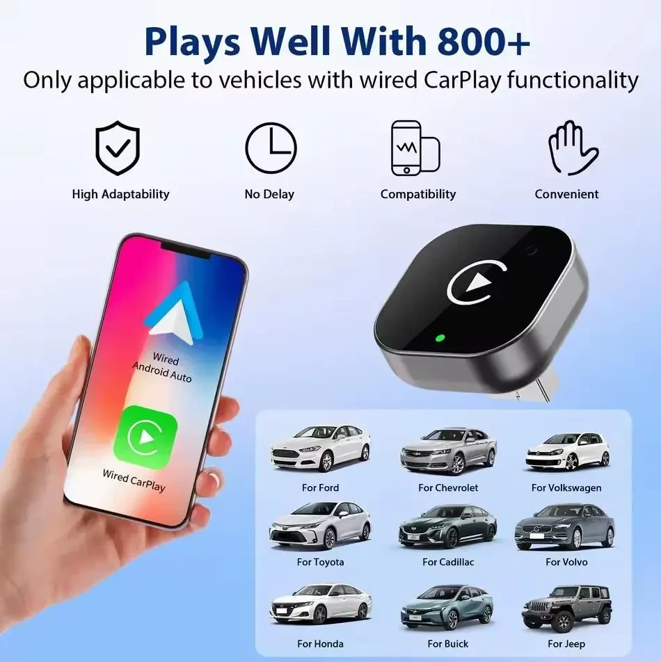 2-в-1 Безпровідний CarPlay, Android Auto адаптер Pionray – перетворює дротовий CarPlay, Android Auto у безпровідний, Plug & Play