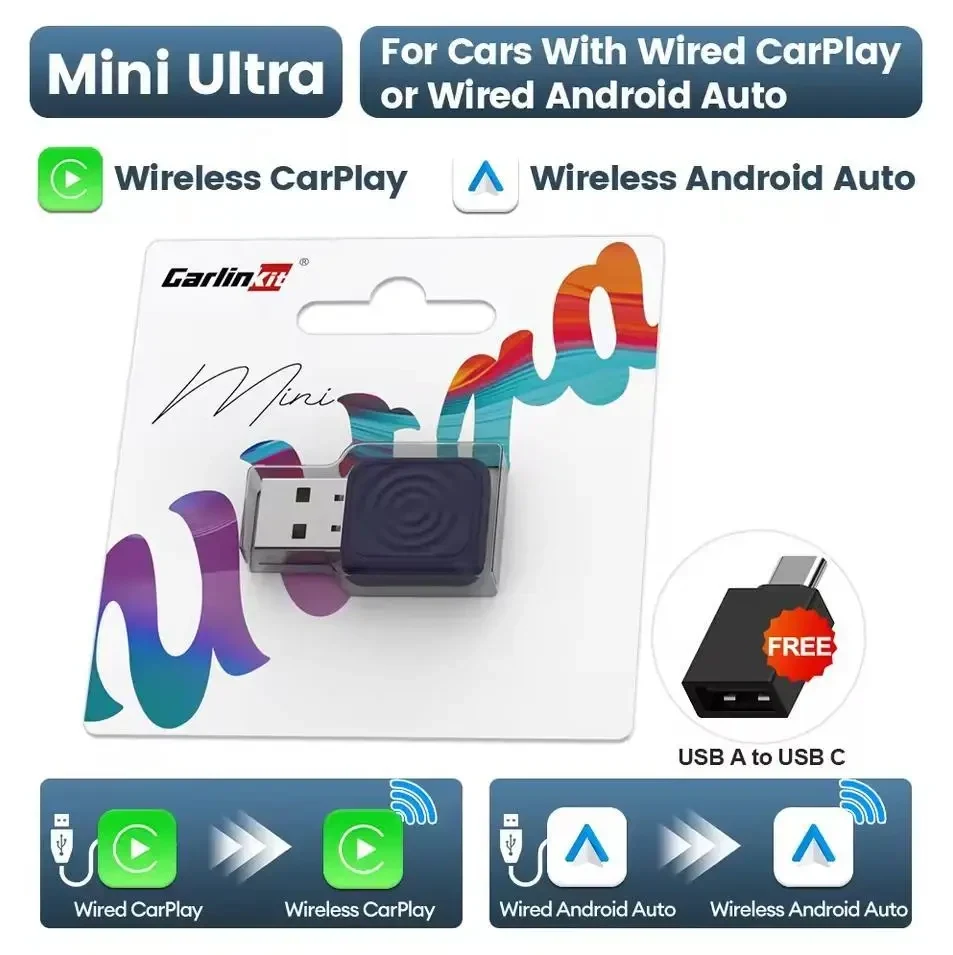 CarlinKit 5.0 Mini – ультракомпактний безпровідний адаптер для CarPlay та Android Auto, Plug & Play, WiFi/Bluetooth