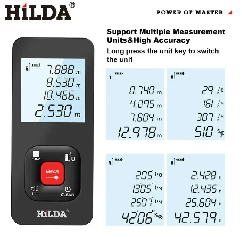 Професійний Лазерний Дальномір HILDA Laser Distance Meter 50M з вбудованим акумулятором (Type-C) Електронна Рулетка