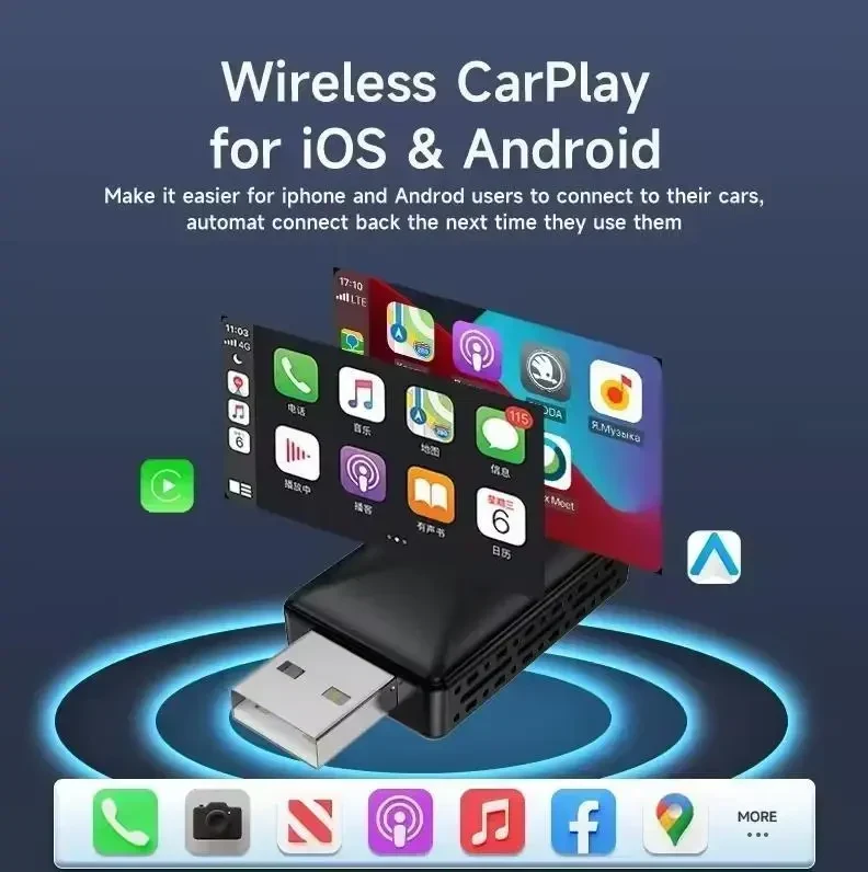 2-в-1 Безпровідний CarPlay, Android Auto адаптер – перетворює дротовий CarPlay, Android Auto у безпровідний, Plug & Play, Чорний