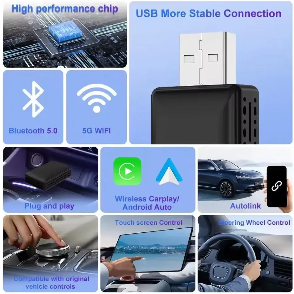 2-в-1 Безпровідний CarPlay, Android Auto адаптер – перетворює дротовий CarPlay, Android Auto у безпровідний, Plug & Play, Чорний