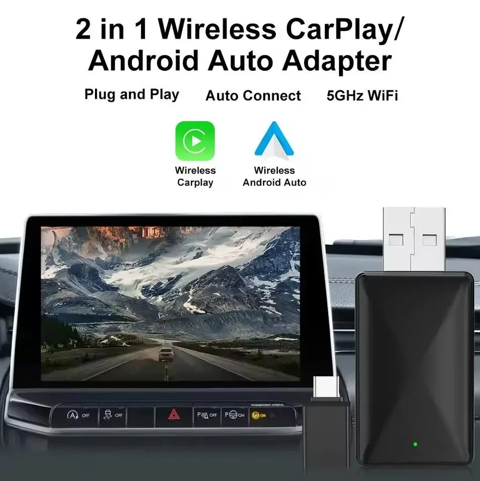 2-в-1 Безпровідний CarPlay, Android Auto адаптер – перетворює дротовий CarPlay, Android Auto у безпровідний, Plug & Play, Чорний
