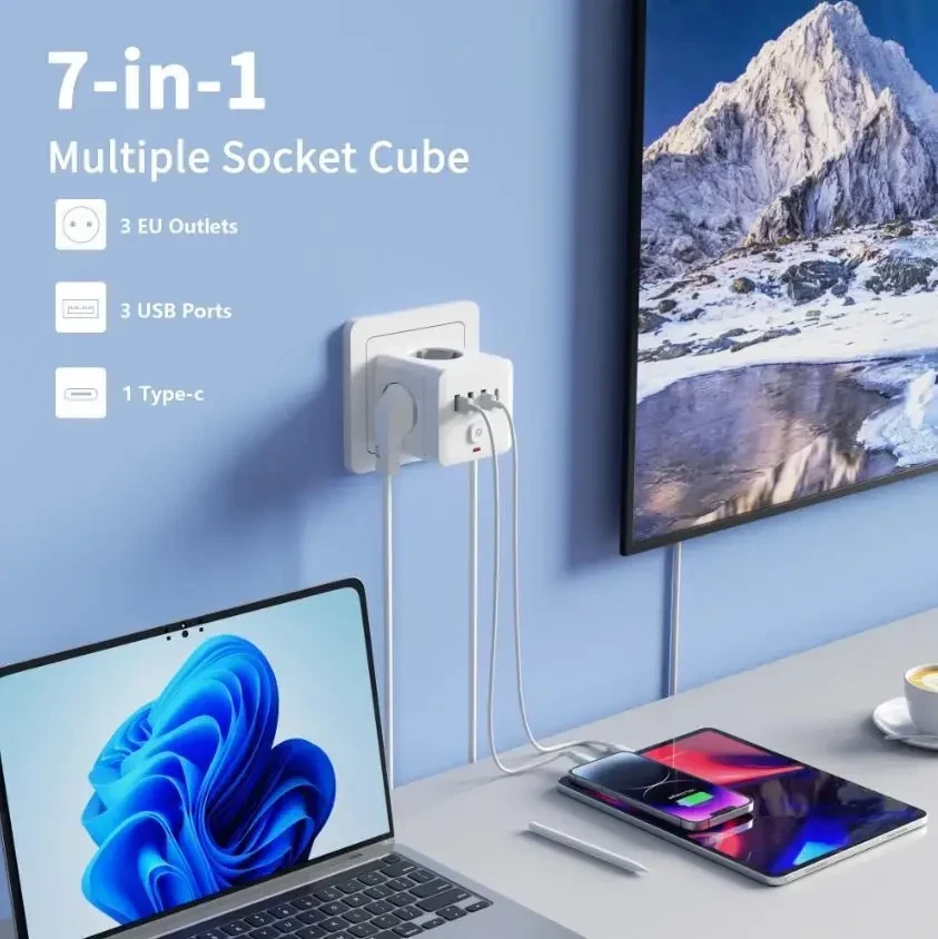 7-в-1 трійник із захистом від перенапруги – 3 розетки, 3 USB, 1 Type-C, настільна зарядна станція з захистом від перевантаження,