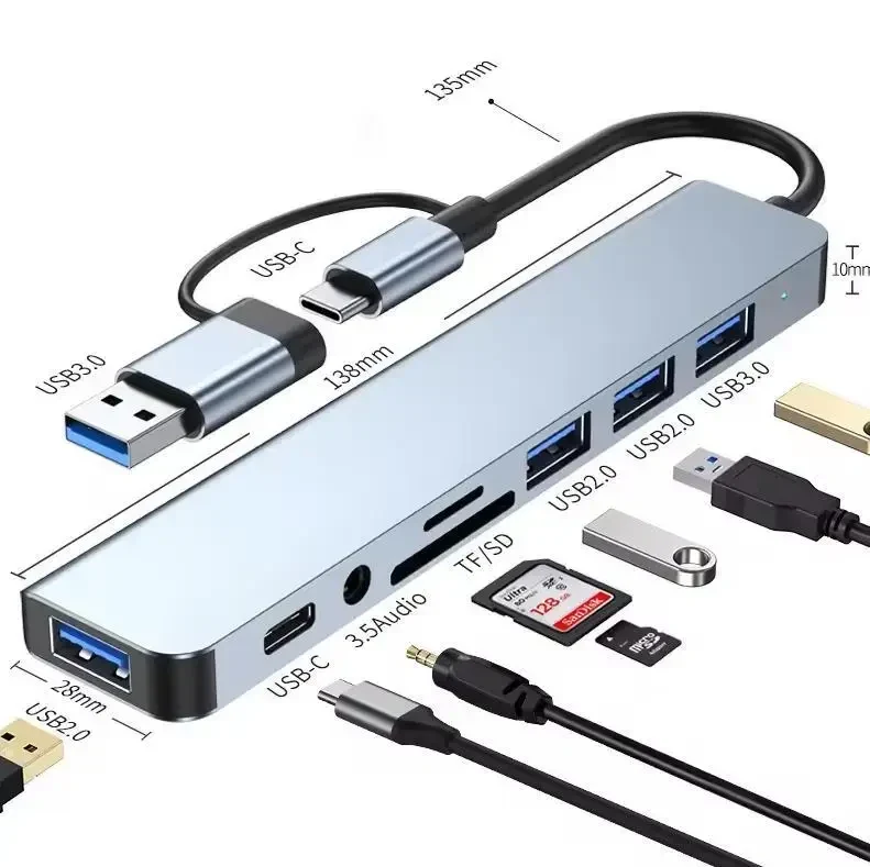 USB HUB 8-in-2 USB + Type-C Hub Docking Station із аудіовиходом 3.5 мм та кардрідером