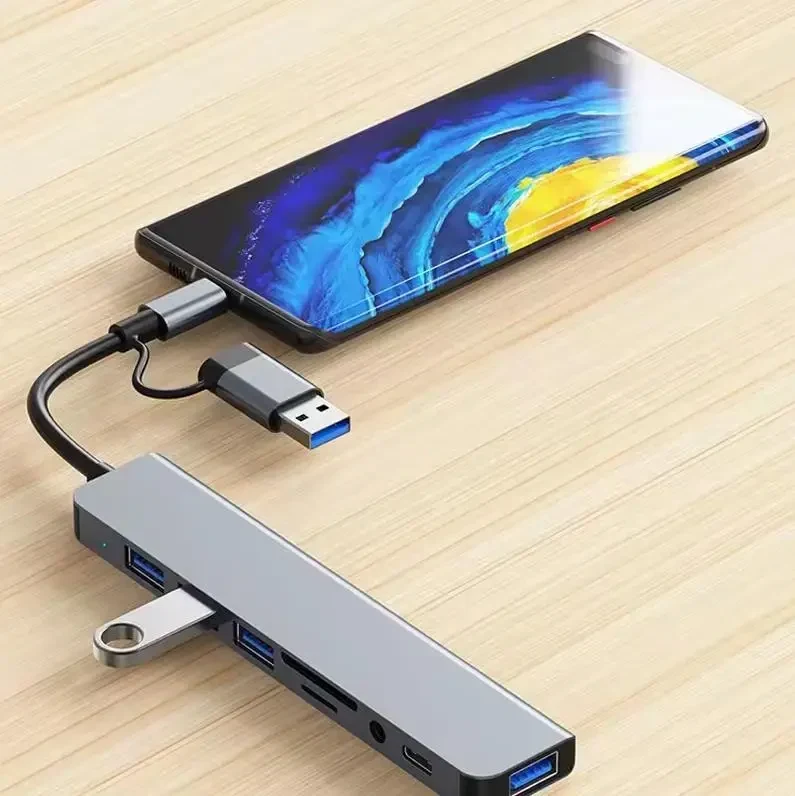 USB HUB 8-in-2 USB + Type-C Hub Docking Station із аудіовиходом 3.5 мм та кардрідером