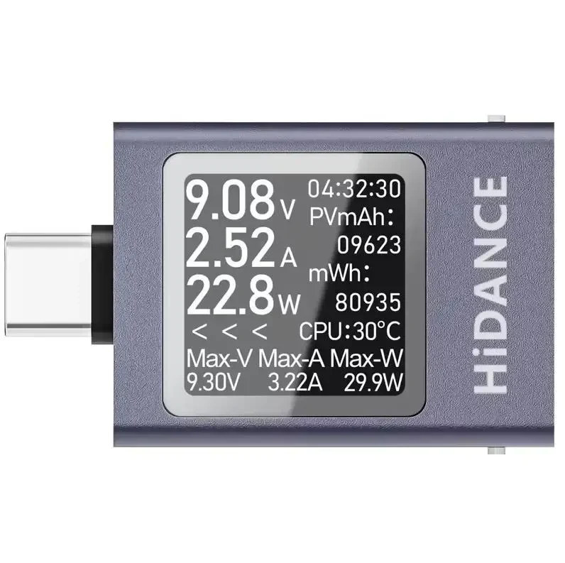 Цифровий тестер напруги та струму 13-в-1 DC 4.5–50V 0–12A з OLED-дисплеєм, USB Type-C PD3.1 QC3.0 зарядний аналізатор, Сірий