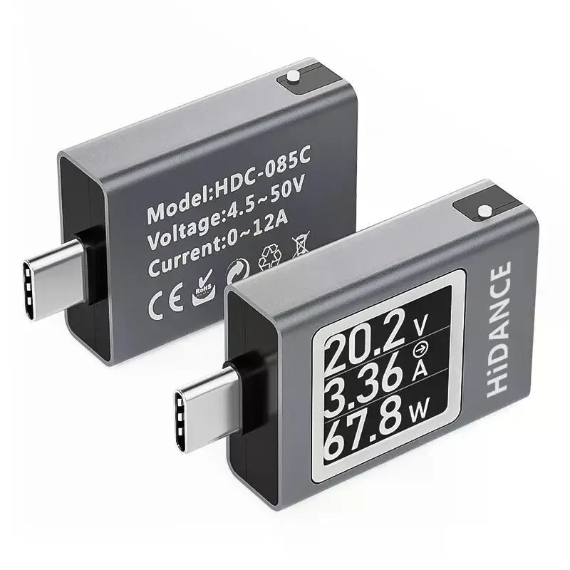 Цифровий тестер напруги та струму 13-в-1 DC 4.5–50V 0–12A з OLED-дисплеєм, USB Type-C PD3.1 QC3.0 зарядний аналізатор, Сірий