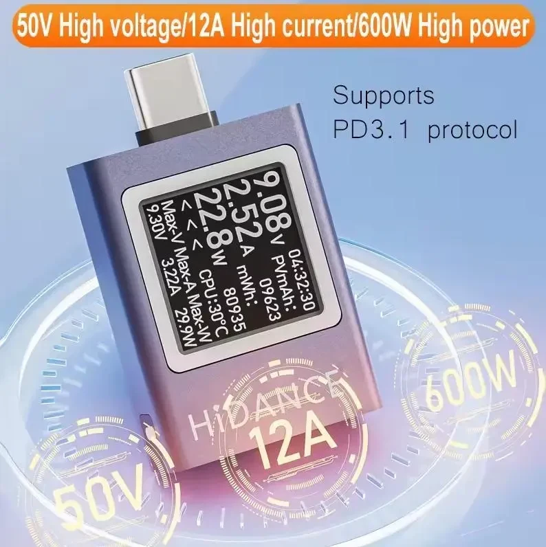 Цифровий тестер напруги та струму 13-в-1 DC 4.5–50V 0–12A з OLED-дисплеєм, USB Type-C PD3.1 QC3.0 зарядний аналізатор, Сірий