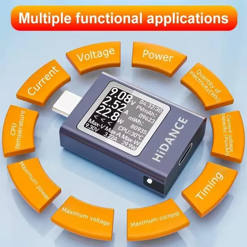 Цифровий тестер напруги та струму 13-в-1 DC 4.5–50V 0–12A з OLED-дисплеєм, USB Type-C PD3.1 QC3.0 зарядний аналізатор, Сірий