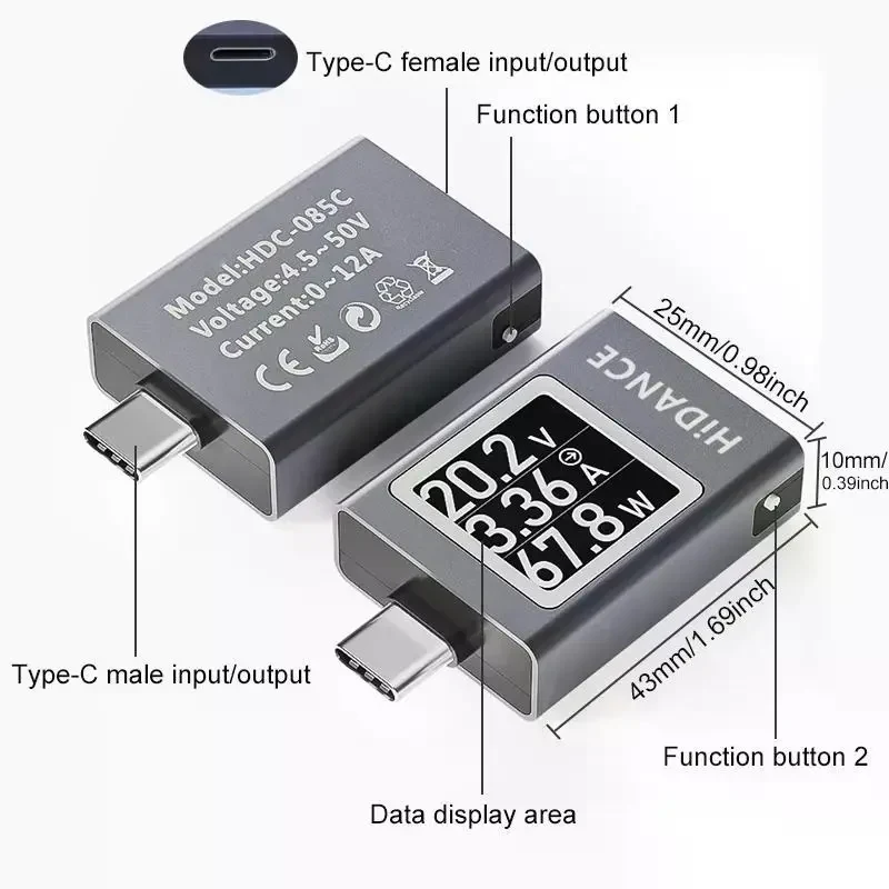 Цифровий тестер напруги та струму 13-в-1 DC 4.5–50V 0–12A з OLED-дисплеєм, USB Type-C PD3.1 QC3.0 зарядний аналізатор, Сірий