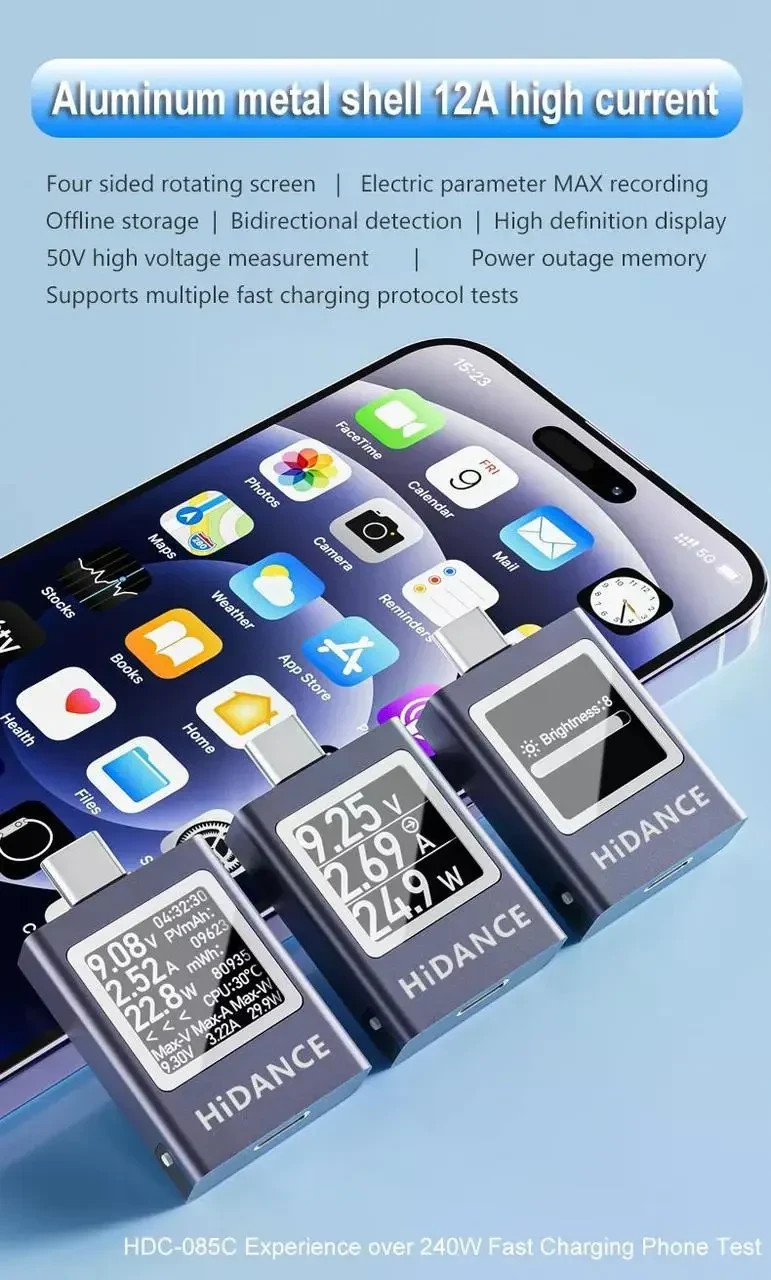 Цифровий тестер напруги та струму 13-в-1 DC 4.5–50V 0–12A з OLED-дисплеєм, USB Type-C PD3.1 QC3.0 зарядний аналізатор, Сірий