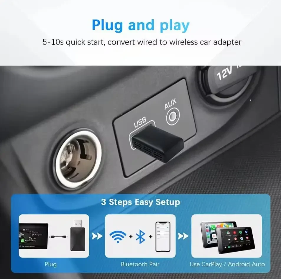 2-в-1 бездротовий адаптер CarPlay & Android Auto (перетворює дротовий CarPlay і Android Auto в бездротовий) – Mini AI Box,