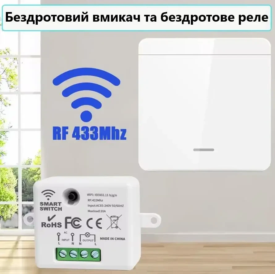Бездротовий настінний пульт перемикач TNCE RF433MHz Mini, комплект (вмикач та реле), Білий