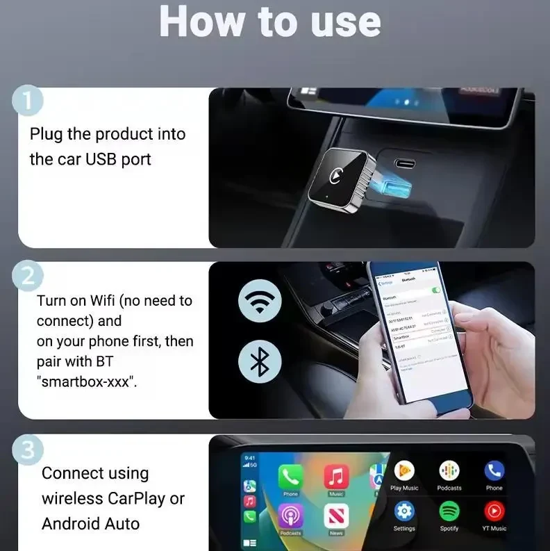 Міні адаптер CarPlay Android Auto 2 в 1 | Перетворює дротове з’єднання на бездротове | 5 ГГц Wi-Fi | Plug & Play