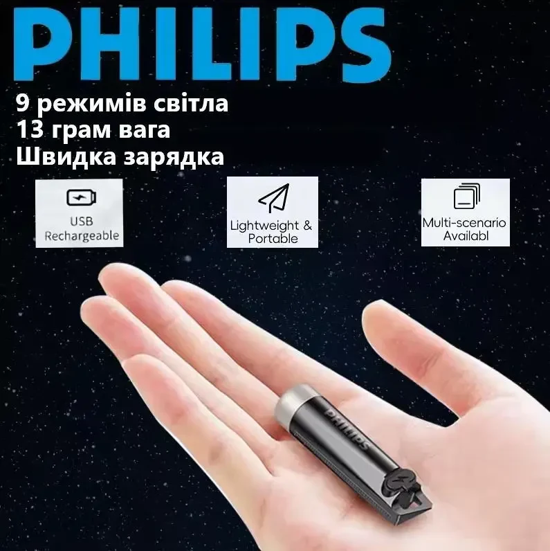 Міні Ліхтарик PHILIPS 2025 SFL1121 – EDC з Type-C швидкою зарядкою, 500лм, Чорний