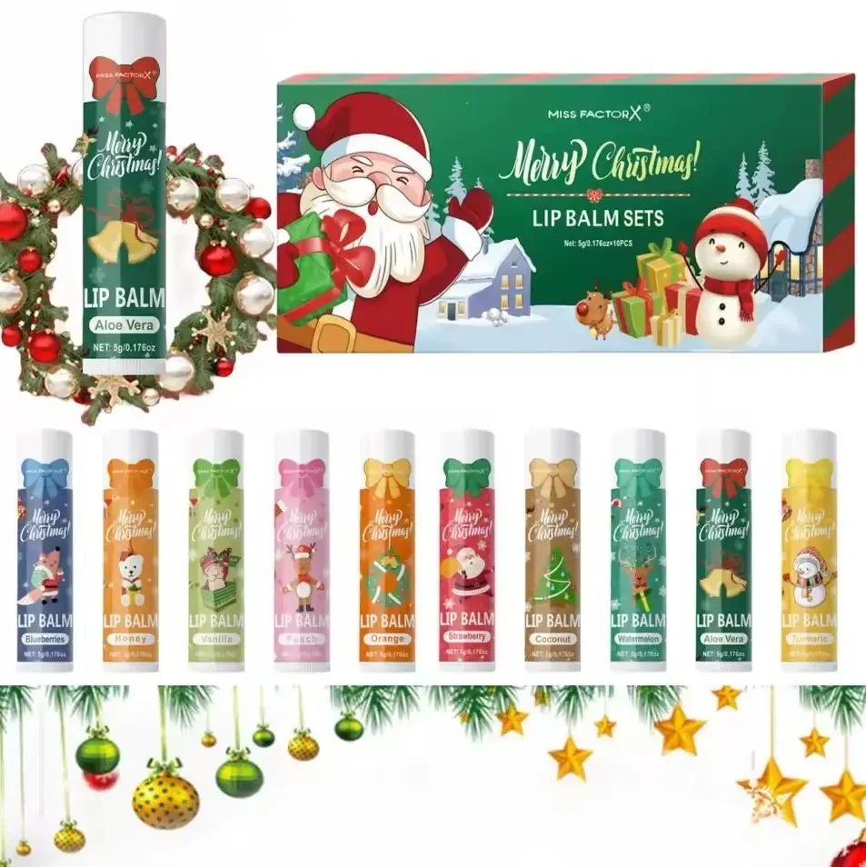 Набір бальзамів для губ 10 шт по 5 г Miss FactorX Merry Christmas — зволожуючий подарунковий набір із різними ароматами (Полуниця,
