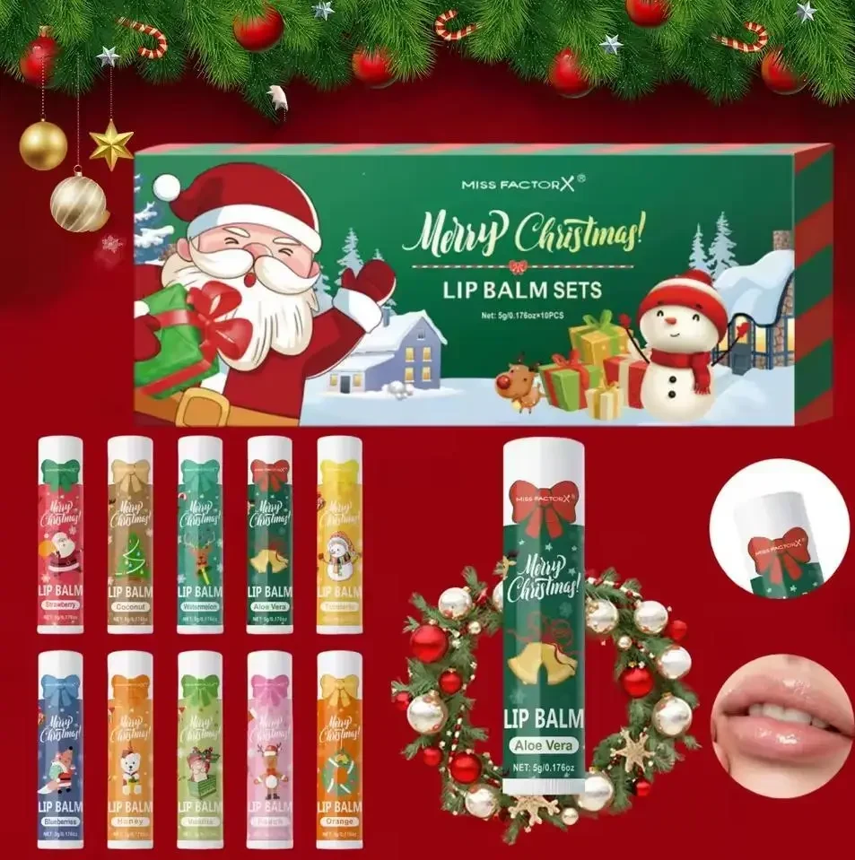 Набір бальзамів для губ 10 шт по 5 г Miss FactorX Merry Christmas — зволожуючий подарунковий набір із різними ароматами (Полуниця,