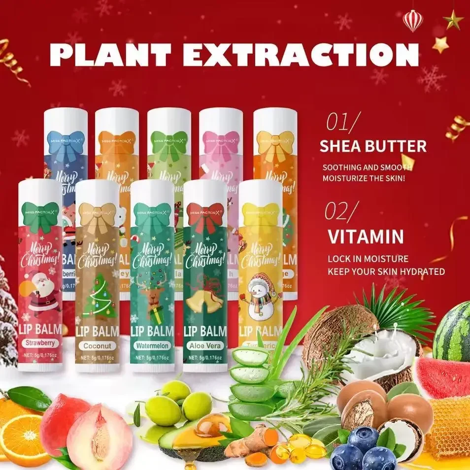 Набір бальзамів для губ 10 шт по 5 г Miss FactorX Merry Christmas — зволожуючий подарунковий набір із різними ароматами (Полуниця,