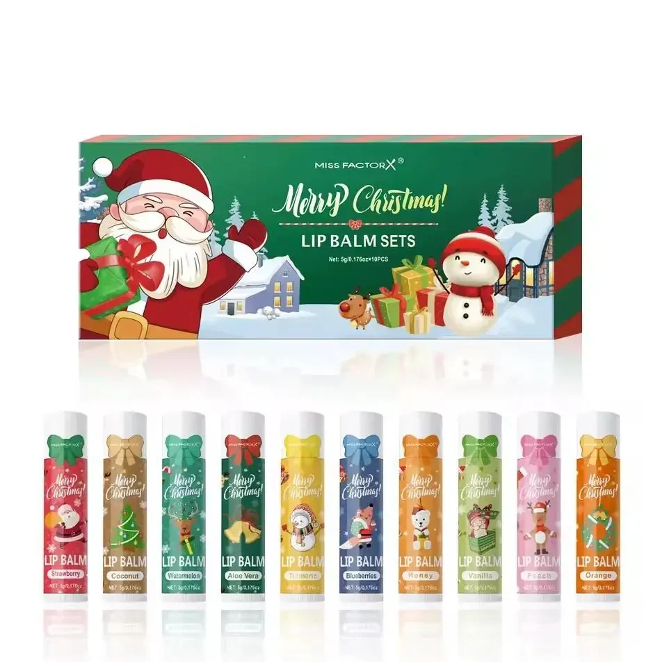 Набір бальзамів для губ 10 шт по 5 г Miss FactorX Merry Christmas — зволожуючий подарунковий набір із різними ароматами (Полуниця,