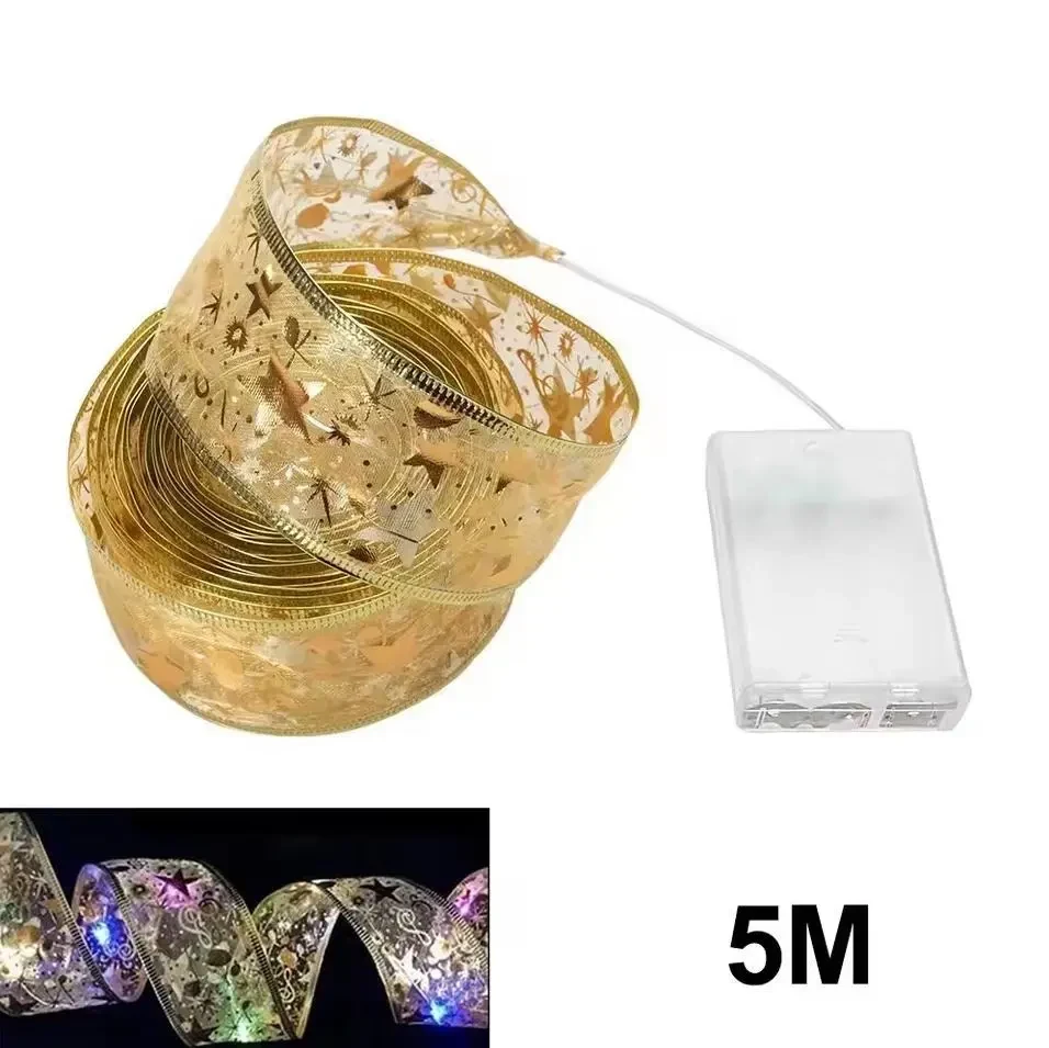 Світлодіодна різдвяна стрічка-бантик LED Christmas Ribbon Fairy Light 5 метрів на батарейках, для декору ялинки та дому