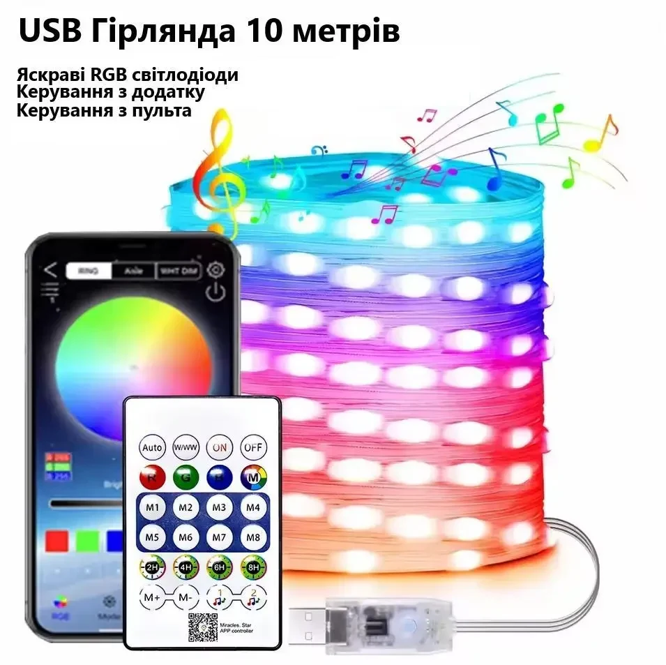 Святкова різнокольорова USB гірлянда Dreamcolor 10 метрів з керуванням з додатка та з пульта (в комплекті) RGB світлодіоди