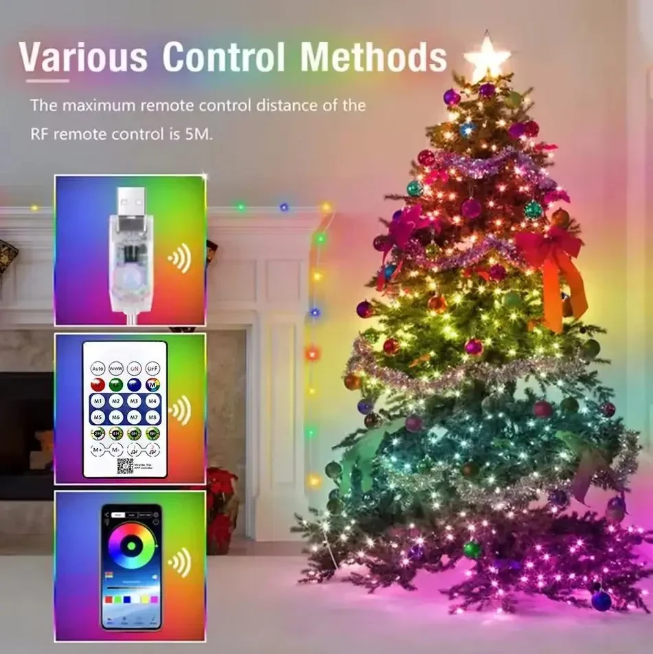 Святкова різнокольорова USB гірлянда Dreamcolor 10 метрів з керуванням з додатка та з пульта (в комплекті) RGB світлодіоди