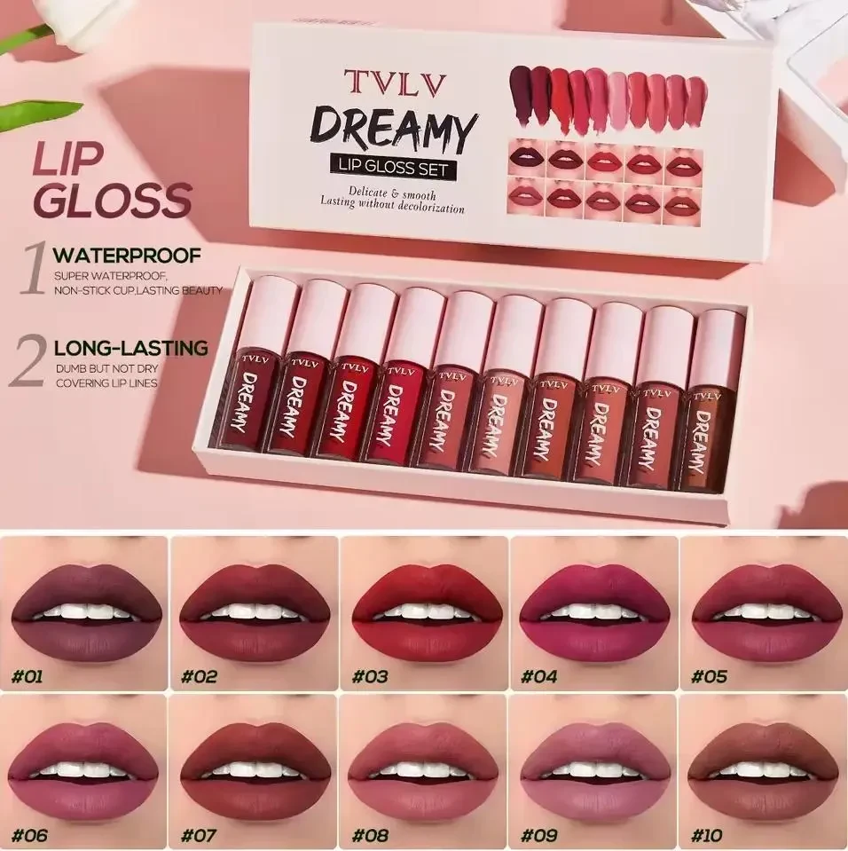 Набір із 10 блисків для губ Lip Gloss Velvet | Водостійкі, довготривалі, зволожувальні
