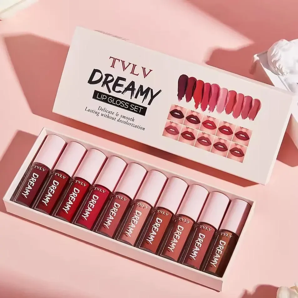 Набір із 10 блисків для губ Lip Gloss Velvet | Водостійкі, довготривалі, зволожувальні