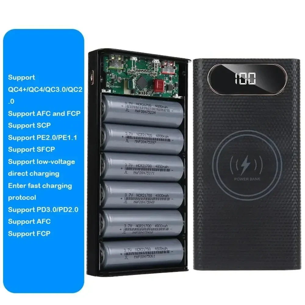 Корпус Power Bank на 6×21700 з QC3.0 та 22.5W Fast Charge. LCD дисплей, LED ліхтарик, портативний DIY зарядний бокс (без