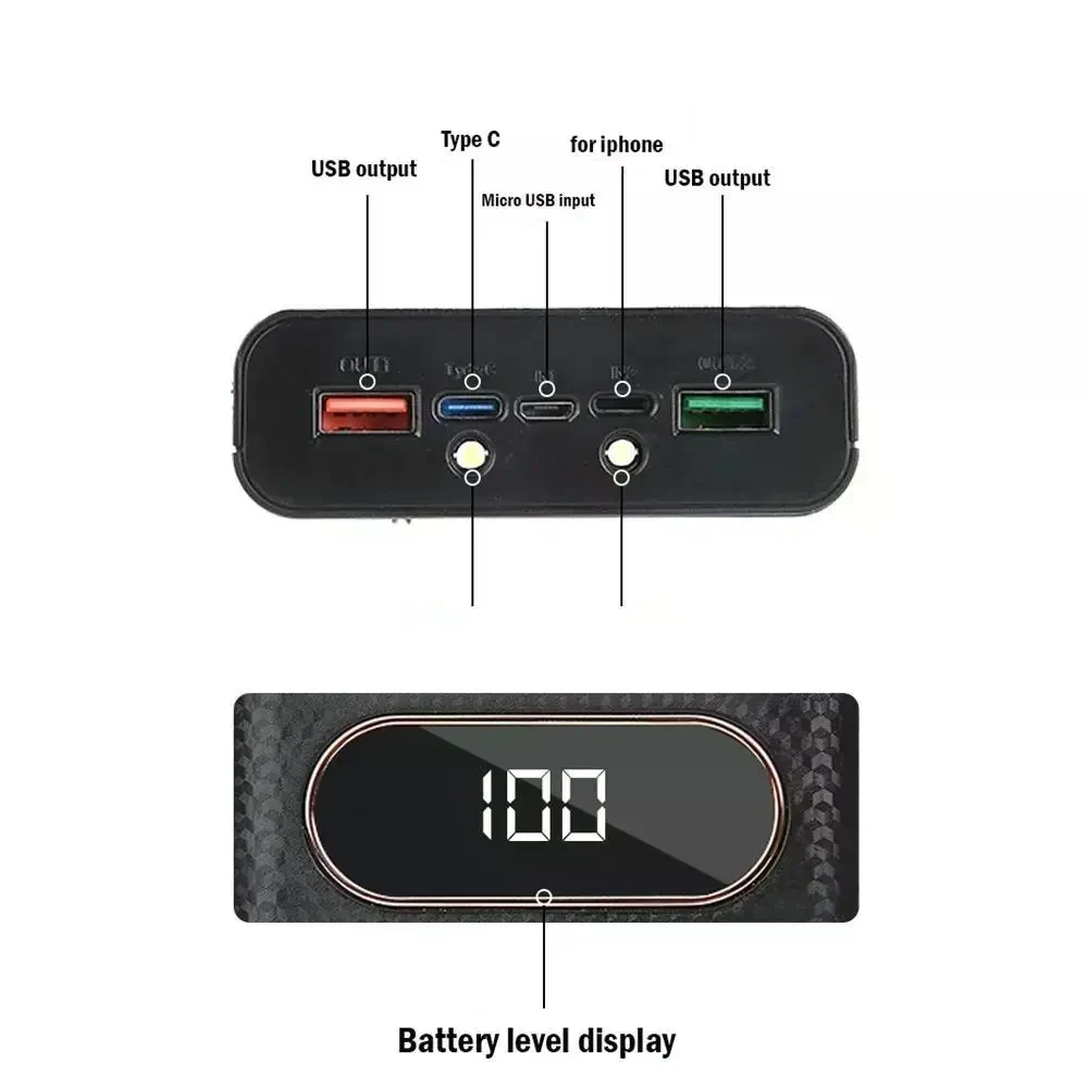 Корпус Power Bank на 4×21700 з QC3.0 та 22.5W Fast Charge. LCD дисплей, LED ліхтарик, портативний DIY зарядний бокс