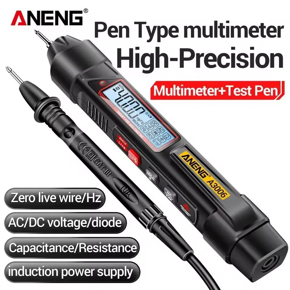 Мультиметр ANENG A3006 | 4000 Counts | Мультиметр ручка True RMS | AC/DC вольтметр, Омметр, Тестер нуль/фаза | Чорний