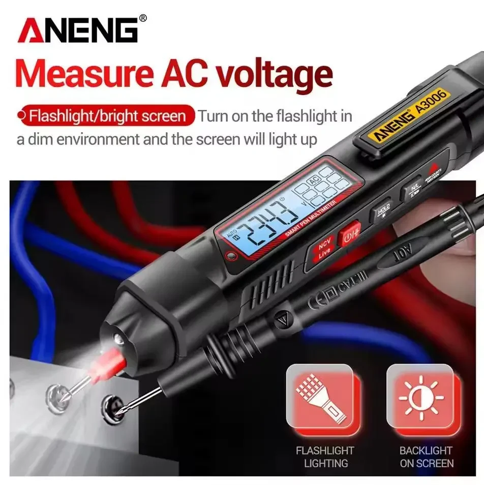 Мультиметр ANENG A3006 | 4000 Counts | Мультиметр ручка True RMS | AC/DC вольтметр, Омметр, Тестер нуль/фаза | Чорний