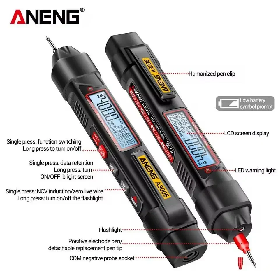 Мультиметр ANENG A3006 | 4000 Counts | Мультиметр ручка True RMS | AC/DC вольтметр, Омметр, Тестер нуль/фаза | Чорний