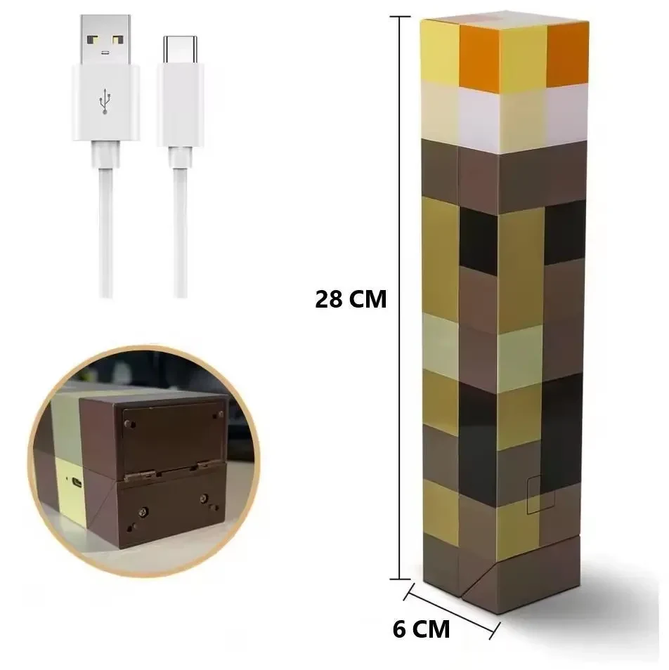 Настільний нічник факел з гри Minecraft (Майнкрафт) Torch Lamp, 4 кольори LED, 1200mAh, USB, настінне кріплення, 28 см
