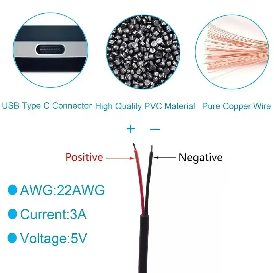 Кабель з відкритими проводами Type-C 2 Pin 5V 3A – Type-C Male → Bare Wire, 1 м, для DIY та вбудованих пристроїв, саморобок