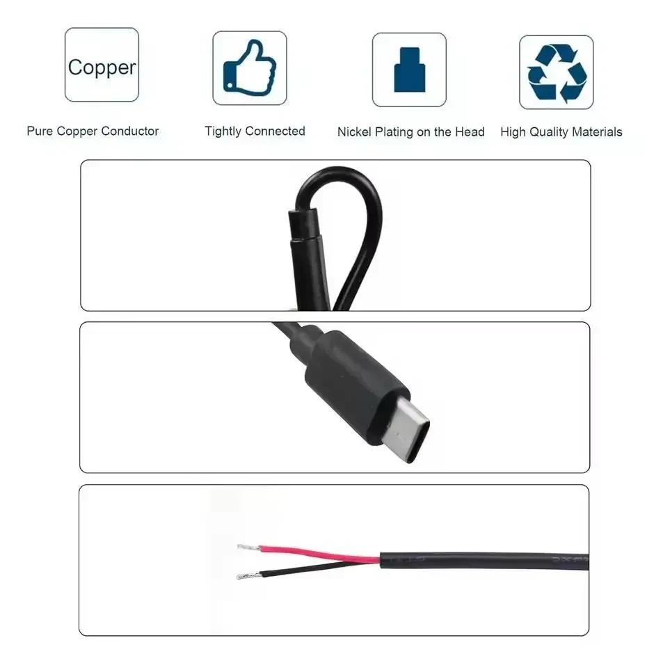 Кабель з відкритими проводами Type-C 2 Pin 5V 3A – Type-C Male → Bare Wire, 1 м, для DIY та вбудованих пристроїв, саморобок