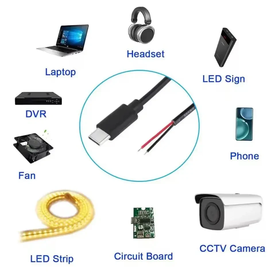 Кабель з відкритими проводами Type-C 2 Pin 5V 3A – Type-C Male → Bare Wire, 1 м, для DIY та вбудованих пристроїв, саморобок