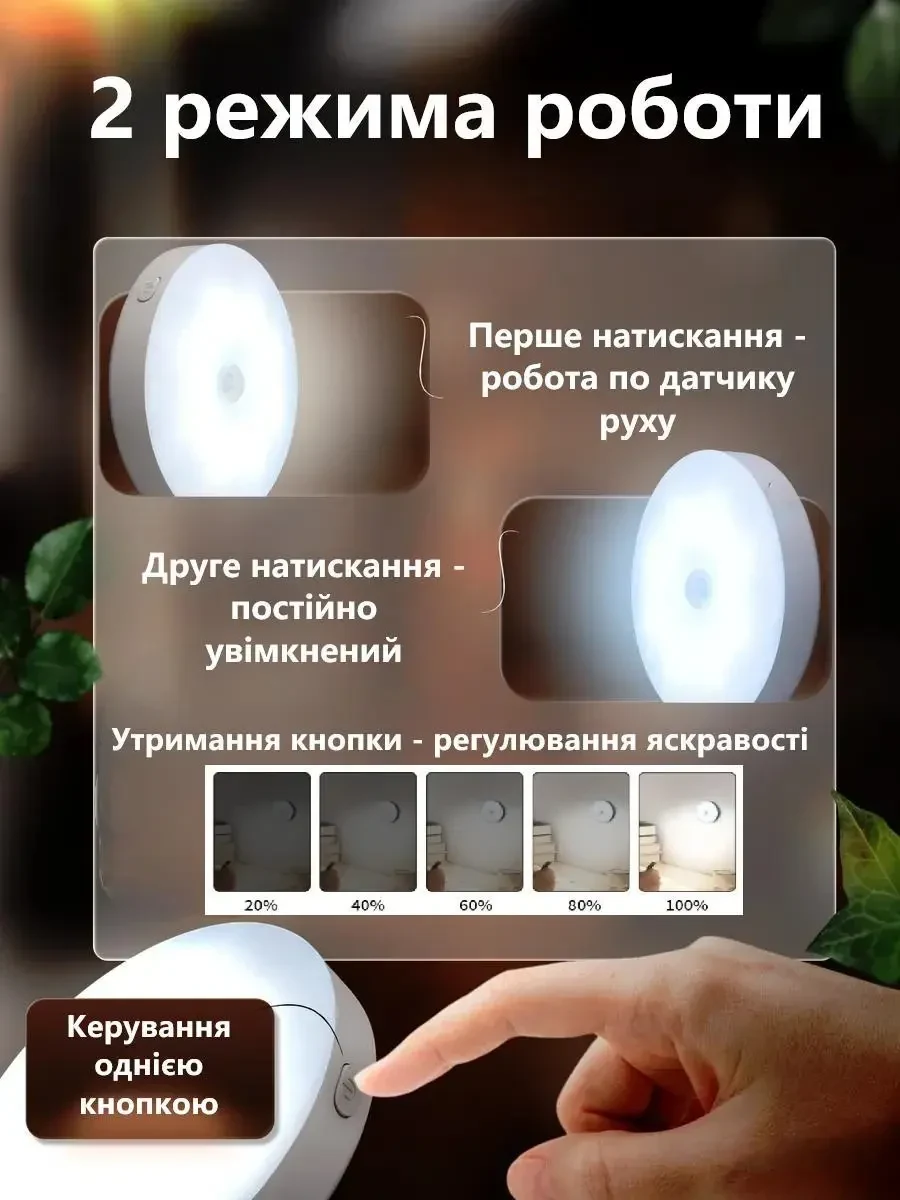 LED Нічник світильник з датчиком руху з кнопкою (Тепле біле світло) — вбудований акумулятор, TYPE-C
