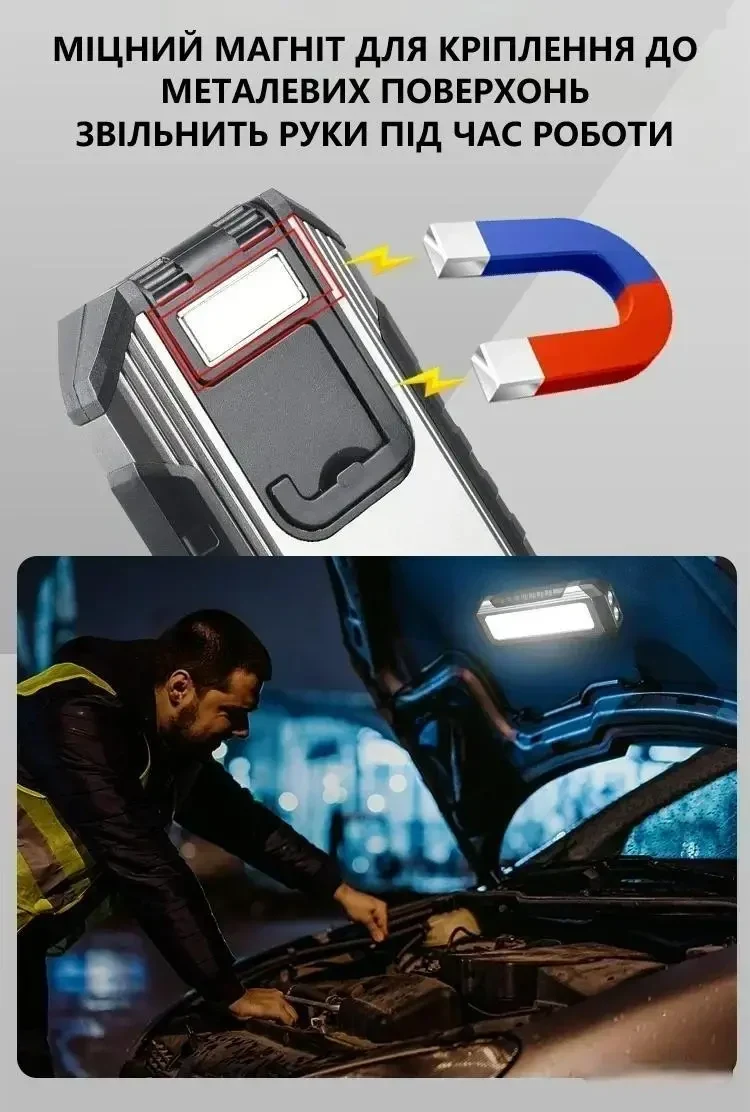 Акумуляторний LED ліхтар лампа K586 4000mAh COB 1000 лм з магнітом і гачком, IPX6, Power Bank, Type-C