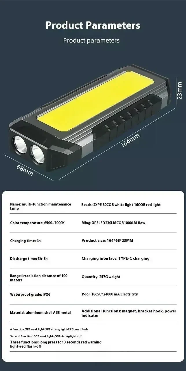 Акумуляторний LED ліхтар лампа K586 4000mAh COB 1000 лм з магнітом і гачком, IPX6, Power Bank, Type-C