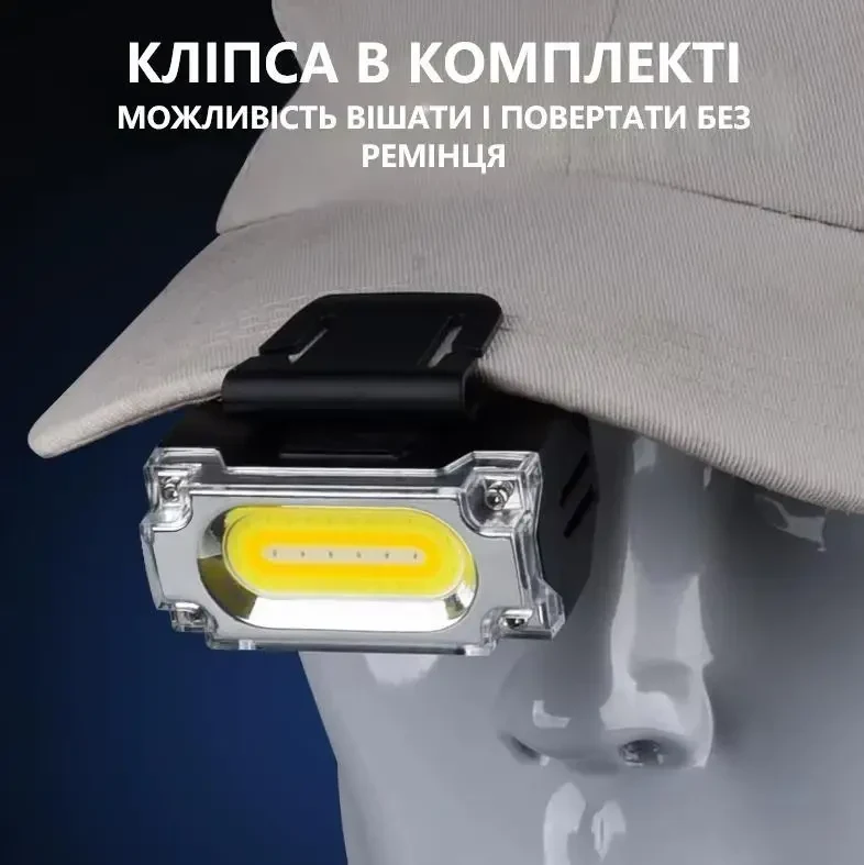 Налобний LED ліхтар COB з магнітом і кліпсою на кепку, вбудований акумулятор, 3 джерела світла, Type-C, IPX4