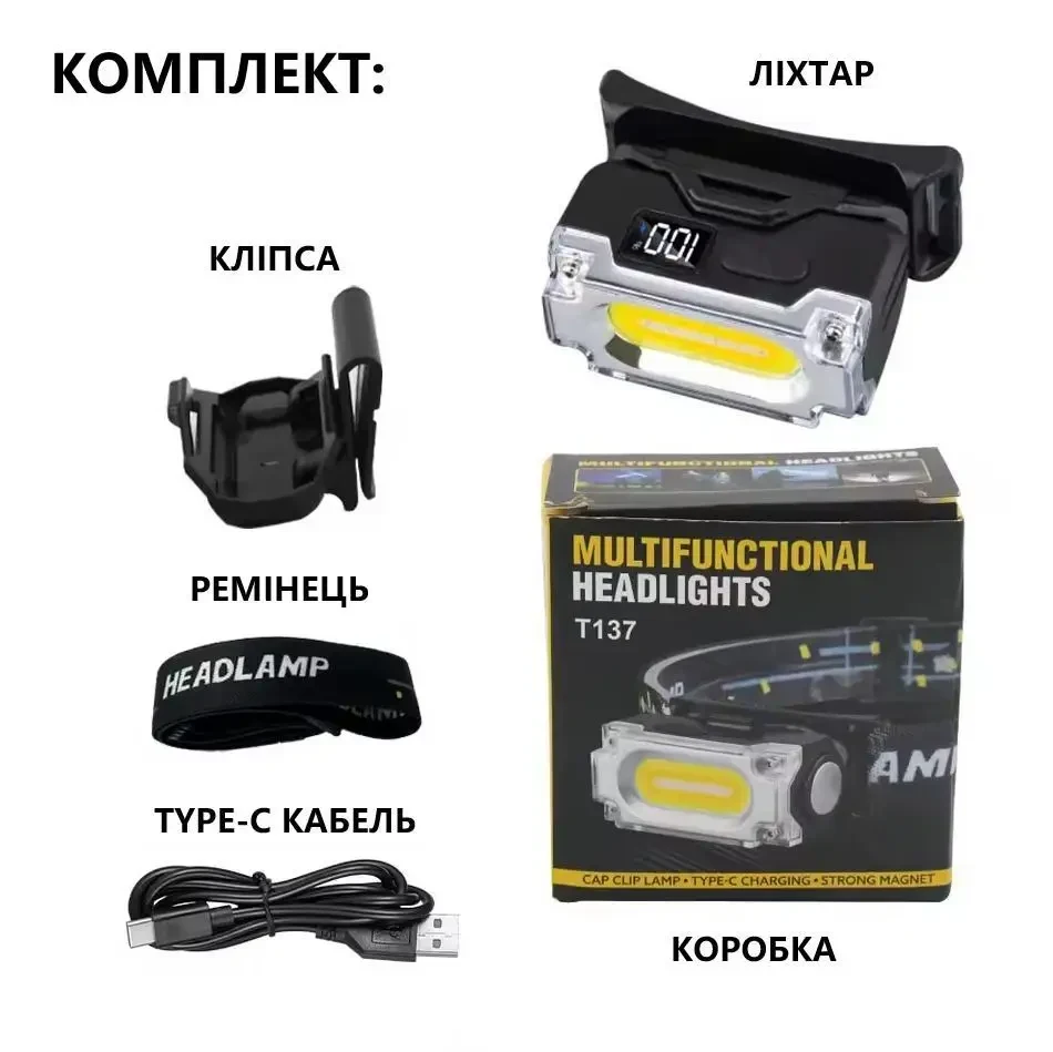 Налобний LED ліхтар COB з магнітом і кліпсою на кепку, вбудований акумулятор, 3 джерела світла, Type-C, IPX4