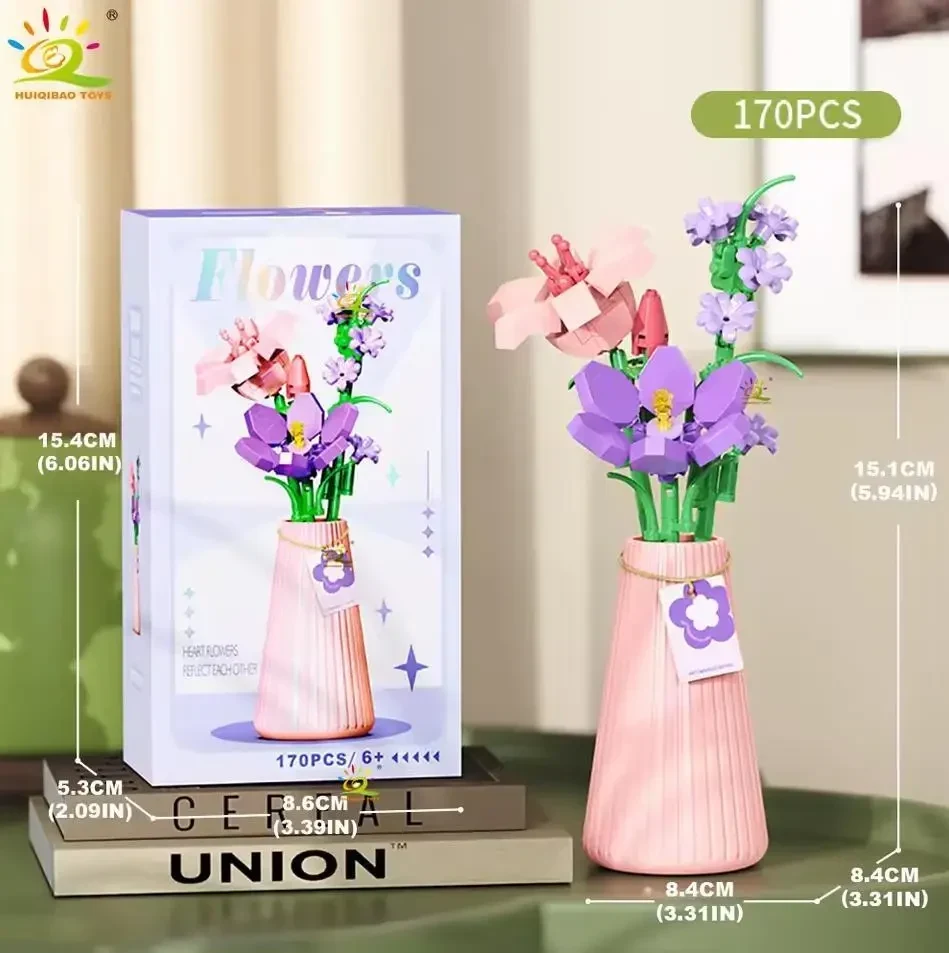 Конструктор мікроблоків HUIQIBAO Eternal Flower Bouquet з вазою, 170 деталей, декоративний квітковий букет