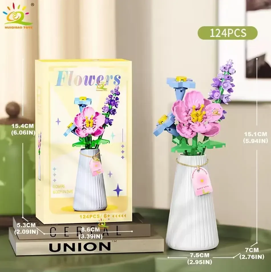 Конструктор мікроблоків HUIQIBAO Eternal Flower Bouquet з вазою, 124 деталі, декоративний квітковий букет