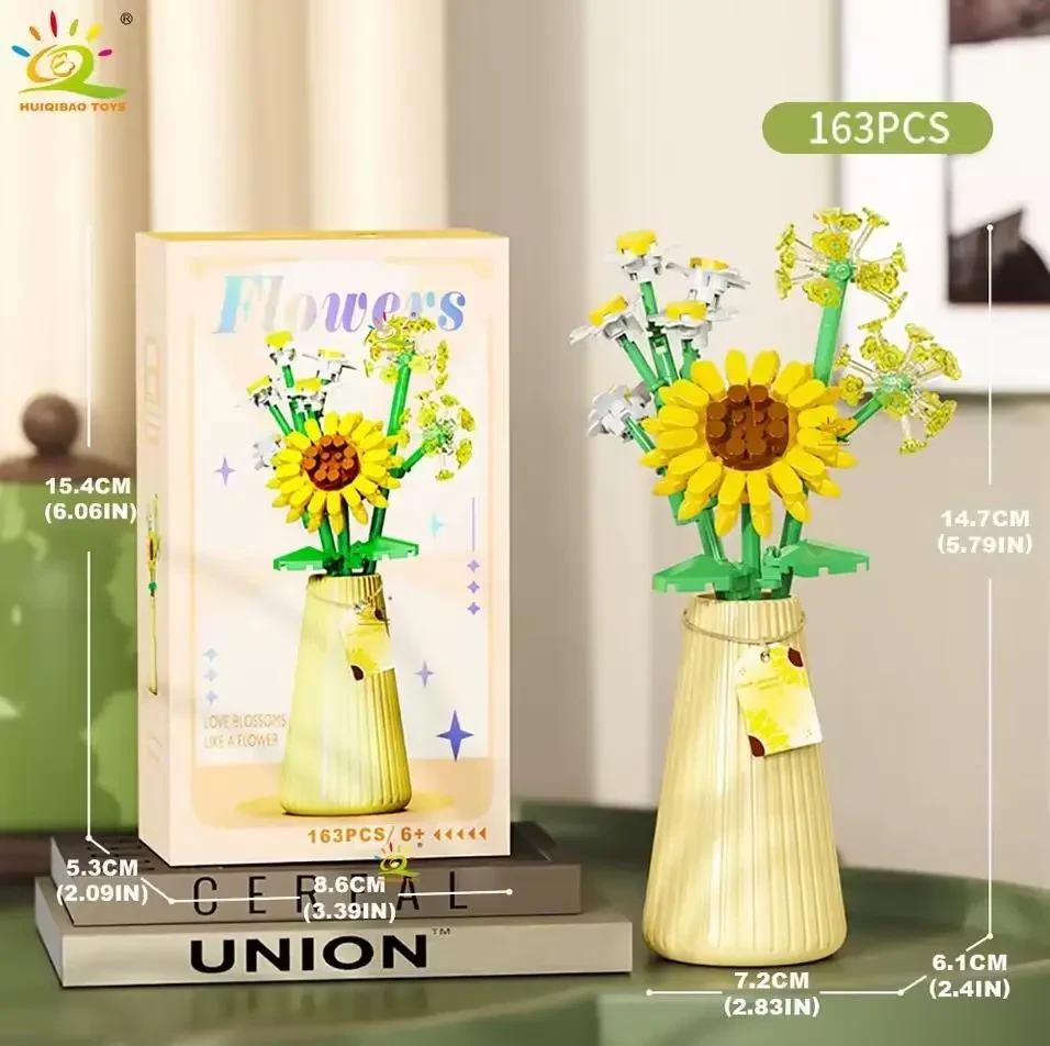 Конструктор мікроблоків HUIQIBAO Eternal Flower Bouquet з вазою, 163 деталі, декоративний квітковий букет