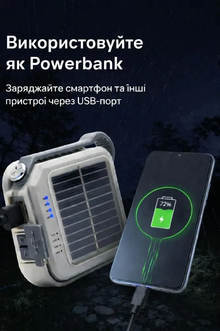 Кемпінговий ліхтар Warsun CP36 800 лм., 4800 мАг. Type-C. Вбудована сонячна панель. Підвісний. 3 Режими яскравості. Тепле і біле