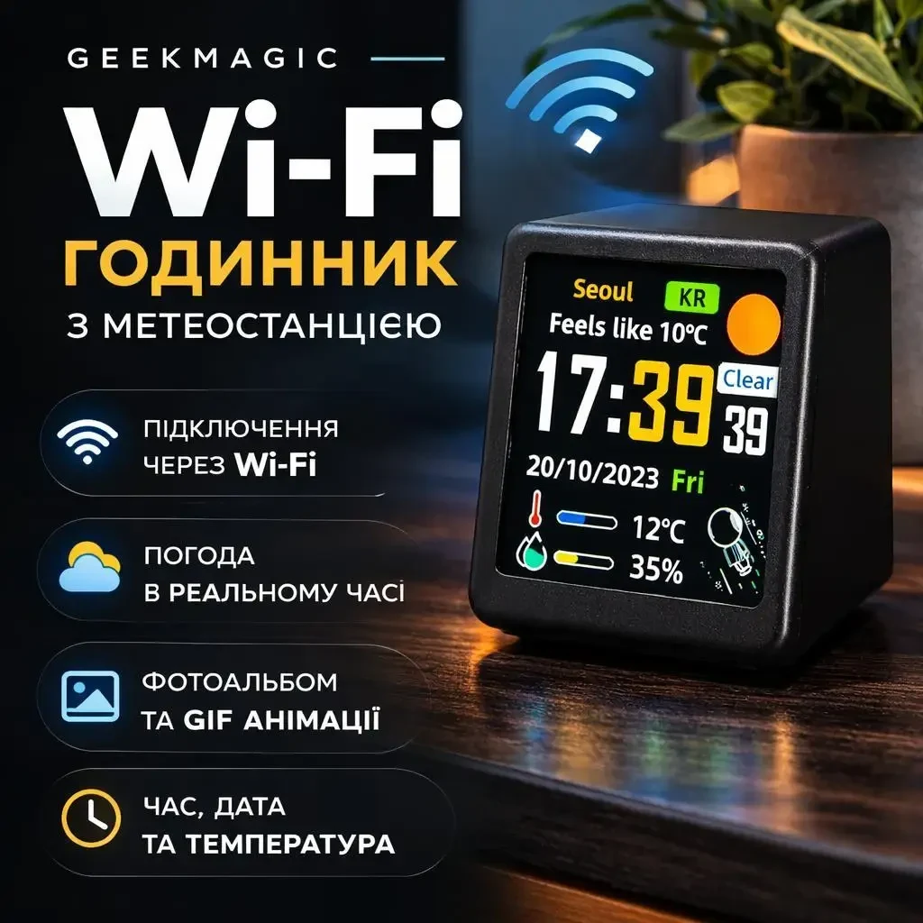 Wi-Fi годинник з метеостанцією GeekMagic Ultra (Версія -Ultra) з кольоровим дисплеєм, підтримка GIF/JPG, фотоальбом, прогноз