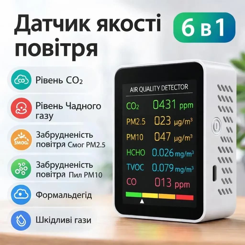 Монітор якості повітря для приміщень 6-в-1, детектор чадного газу, вуглекислого, датчик забрудненості повітря (PM10, PM2.5)