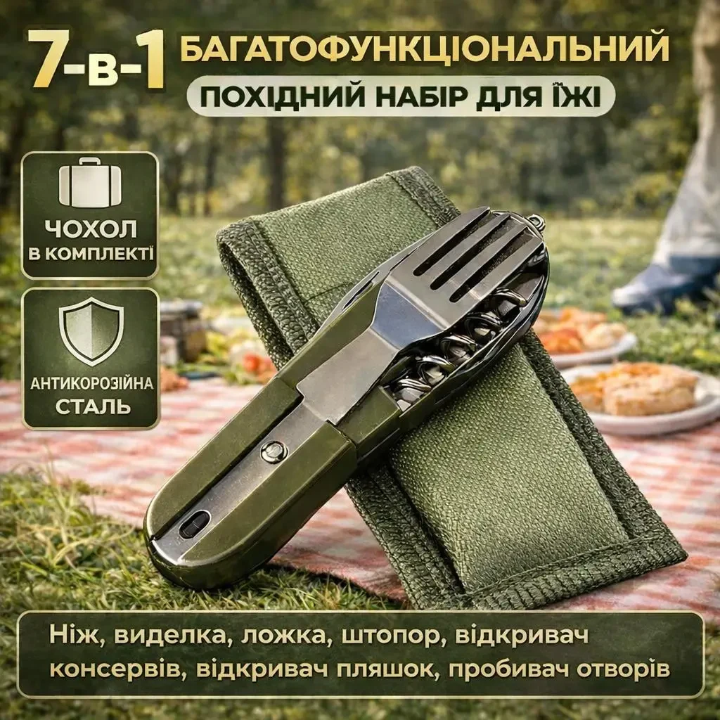 Похідний набір для їжі 7 в 1 з чохлом (ложка, ніж, виделка та інше), складний мультитул для кемпінгу, туризму та риболовлі