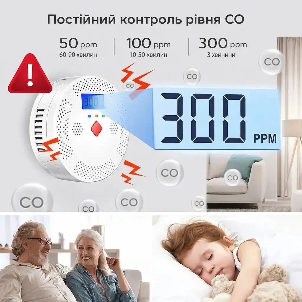 WiFi датчик чадного газу CO Tuya Smart Life з LCD дисплеєм, Bluetooth підключенням та звуковою сигналізацією 85 дБ